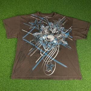 Y2K Carbon Brown Short Sleeve Crew Neck Grunge Punk Graphic T-Shirt Sz XL